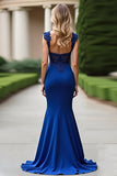 Vestido de sirena con apliques azul real con escote en V de la madre de la novia