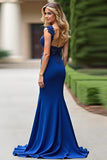 Vestido de sirena con apliques azul real con escote en V de la madre de la novia