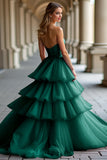 Vestido de fiesta de tul con volantes sin tirantes verde oscuro brillante con lentejuelas