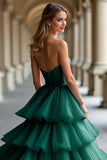 Vestido de fiesta de tul con volantes sin tirantes verde oscuro brillante con lentejuelas