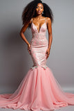 Vestido de fiesta largo de tul con tirantes de espagueti de sirena rosa rubor con apliques