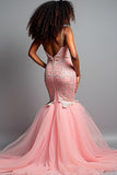 Vestido de fiesta largo de tul con tirantes de espagueti de sirena rosa rubor con apliques