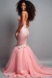 Vestido de fiesta largo de tul con tirantes de espagueti de sirena rosa rubor con apliques