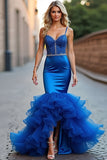 Vestido de fiesta largo con volantes de tirantes de espagueti de sirena azul real con abalorios