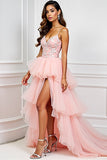 Vestido de fiesta largo de tul con volantes y tirantes de espagueti rosa rubor con tirantes