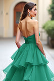 Vestido de fiesta largo de tul con volantes sin tirantes sin tirantes en verde oscuro