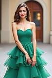 Vestido de fiesta largo de tul con volantes sin tirantes sin tirantes en verde oscuro