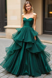 Vestido de fiesta de tul sin tirantes con volantes de línea A verde oscuro