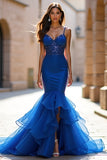 Vestido de fiesta largo con volantes de tirantes de espagueti sirena azul real brillante con lentejuelas