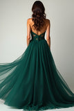 Verde Oscuro A Line Sweetheart Strapless Tulle Vestido de Fiesta Largo con Abertura