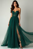 Verde Oscuro A Line Sweetheart Strapless Tulle Vestido de Fiesta Largo con Abertura