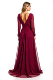 Vestido de gasa de manga larga de la madre de la novia burdeos A Line
