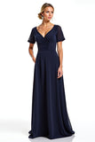Vaina azul marino escote en V manga corta gasa vestido largo madre de la novia