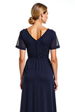 Vaina azul marino escote en V manga corta gasa vestido largo madre de la novia