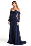 Vestido de gasa madre de la novia con volante azul marino con volante fuera del hombro y manga larga