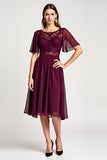 Cabernet A-Line Scoop Mangas con volantes Gasa hasta la rodilla Vestido de la madre de la novia con encaje