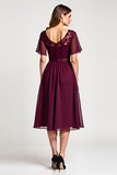 Cabernet A-Line Scoop Mangas con volantes Gasa hasta la rodilla Vestido de la madre de la novia con encaje