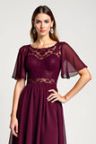 Cabernet A-Line Scoop Mangas con volantes Gasa hasta la rodilla Vestido de la madre de la novia con encaje