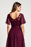 Cabernet A-Line Scoop Mangas con volantes Gasa hasta la rodilla Vestido de la madre de la novia con encaje