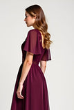 Cabernet A-Line Scoop Mangas con volantes Gasa hasta la rodilla Vestido de la madre de la novia con encaje