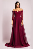 Elegante burdeos Una línea con hombros descubiertos Vestido madre de la novia con mangas largas