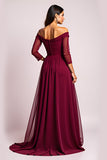Elegante burdeos Una línea con hombros descubiertos Vestido madre de la novia con mangas largas