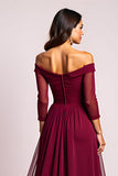 Elegante burdeos Una línea con hombros descubiertos Vestido madre de la novia con mangas largas