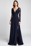 Vestido De Novia De Manga Larga Azul Marino Con Abertura