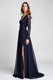Vestido De Novia De Manga Larga Azul Marino Con Abertura