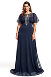 Vaina De Cuello Redondo Azul Marino Recortado Vestido De La Madre De La Novia