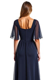 Vestido Azul Marino Manga Corta Vaina Largo Madre De La Novia