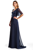 Vestido Azul Marino Manga Corta Vaina Largo Madre De La Novia