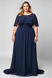 Vaina De Cuello Redondo Azul Marino Vestido Largo Madre De La Novia