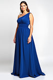 Una línea azul real de un hombro largo madre de la novia vestido