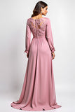 Dusty Rose A Line Cuello en V Vestido de Encaje de Gasa Madre de la Novia