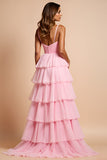 Vestido de fiesta largo con tirantes de espagueti rosa rubor con volantes