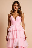 Vestido de fiesta largo con tirantes de espagueti rosa rubor con volantes