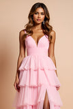 Vestido de fiesta largo con tirantes de espagueti rosa rubor con volantes
