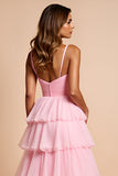 Vestido de fiesta largo con tirantes de espagueti rosa rubor con volantes