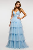Vestido de fiesta largo con tirantes de espagueti azul cielo brillante con volantes