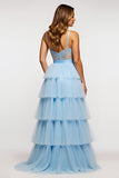 Vestido de fiesta largo con tirantes de espagueti azul cielo brillante con volantes