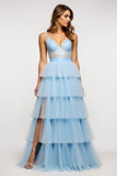 Vestido de fiesta largo con tirantes de espagueti azul cielo brillante con volantes