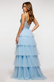 Vestido de fiesta largo con tirantes de espagueti azul cielo brillante con volantes