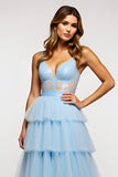 Vestido de fiesta largo con tirantes de espagueti azul cielo brillante con volantes
