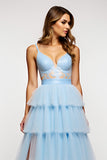 Vestido de fiesta largo con tirantes de espagueti azul cielo brillante con volantes