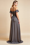 A Line Steel Grey Off The Shoulder Vestido largo de dama de honor fruncido
