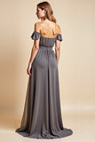 A Line Steel Grey Off The Shoulder Vestido largo de dama de honor fruncido