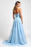 Vestido de dama de honor con tirantes de espagueti de una línea azul cielo