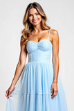 Vestido de dama de honor con tirantes de espagueti de una línea azul cielo
