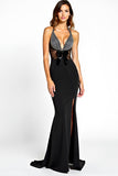 Vestido sirena halter de corbata negra con abertura